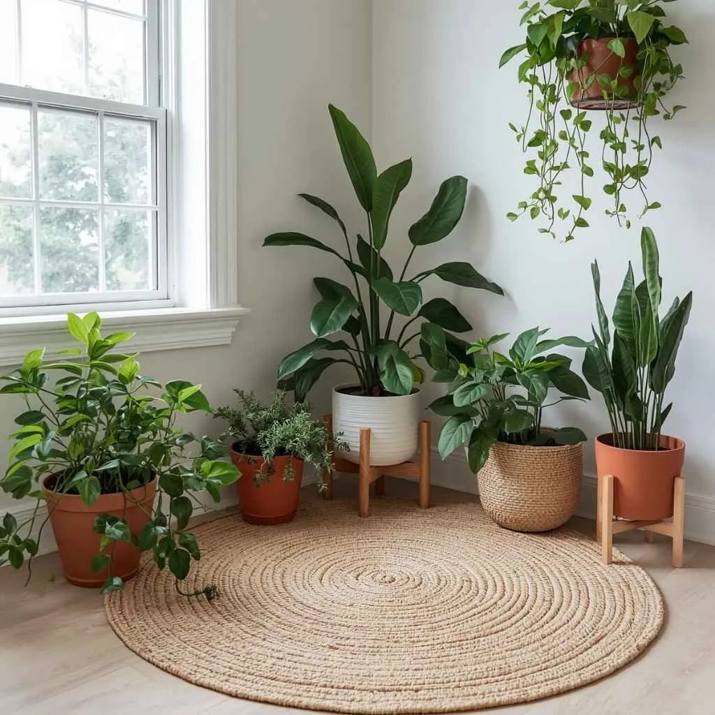 Indoor Plant Corner with Jute Rug