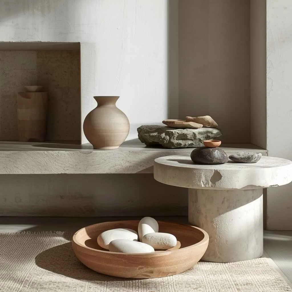 Japandi Living Room Zen Style Ideas to Bring Peace Into Your Home 11 Stone, Concrete, and Raw Material Accents