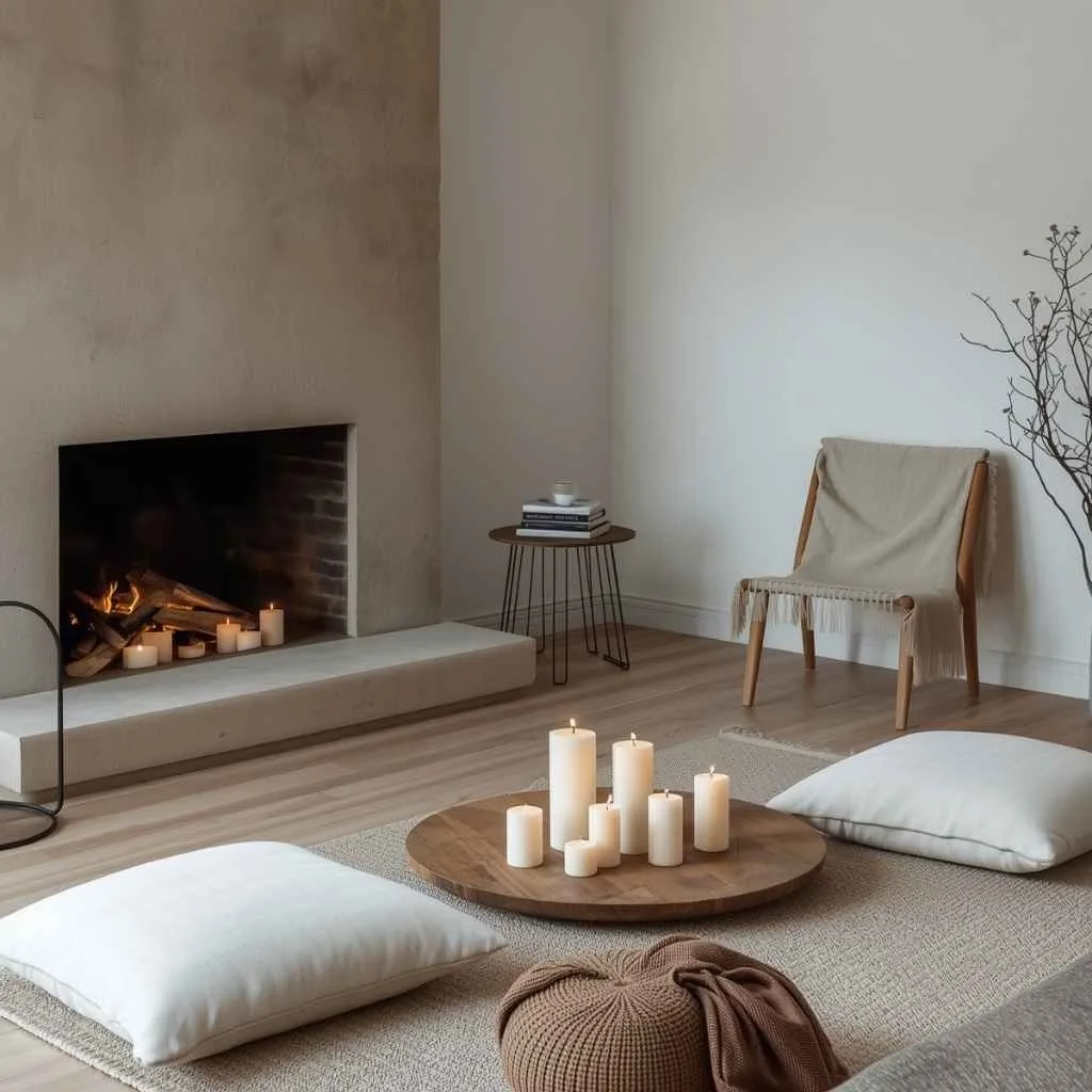 Japandi Living Room Zen Style Ideas to Bring Peace Into Your Home 13 A Simple Fireplace or Candle Corner as a Zen Focal Point