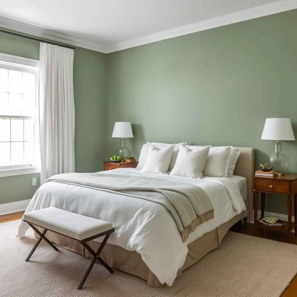 Full Sage Green Wall Bedroom With White Linen Bedding