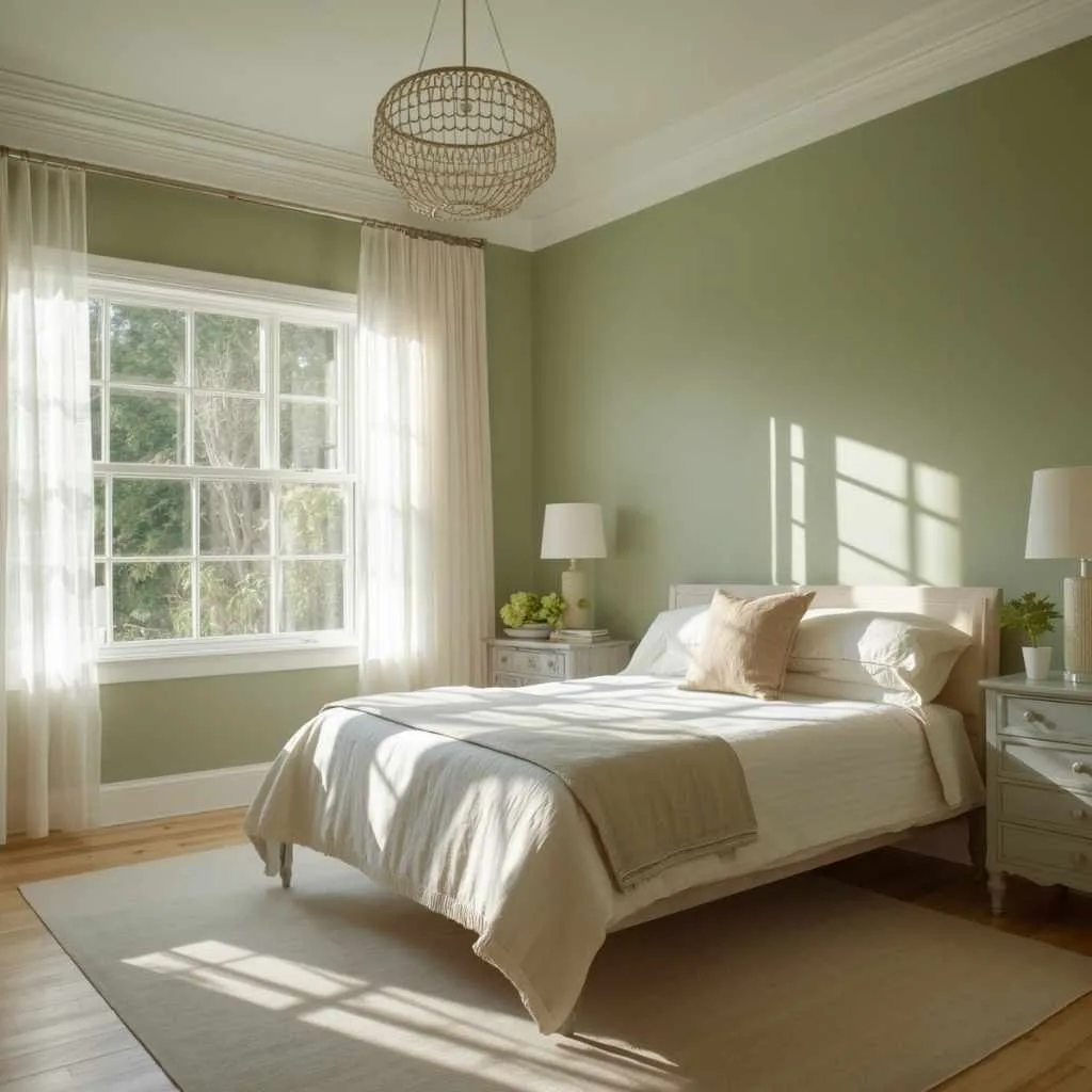 Sage Green Bedroom With Sheer Curtains and Natural Light