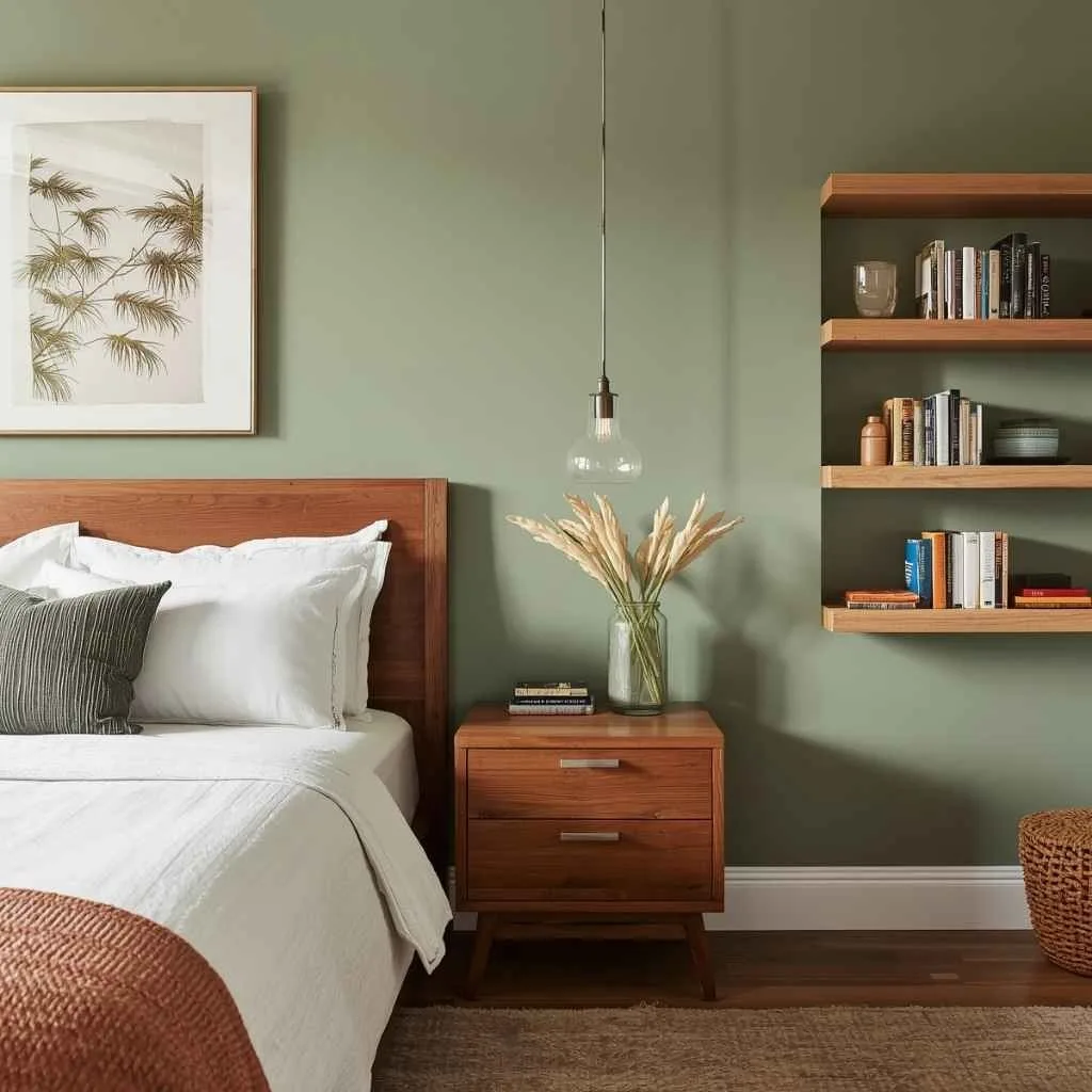 Sage Green Accent Wall With Warm Wood Tones