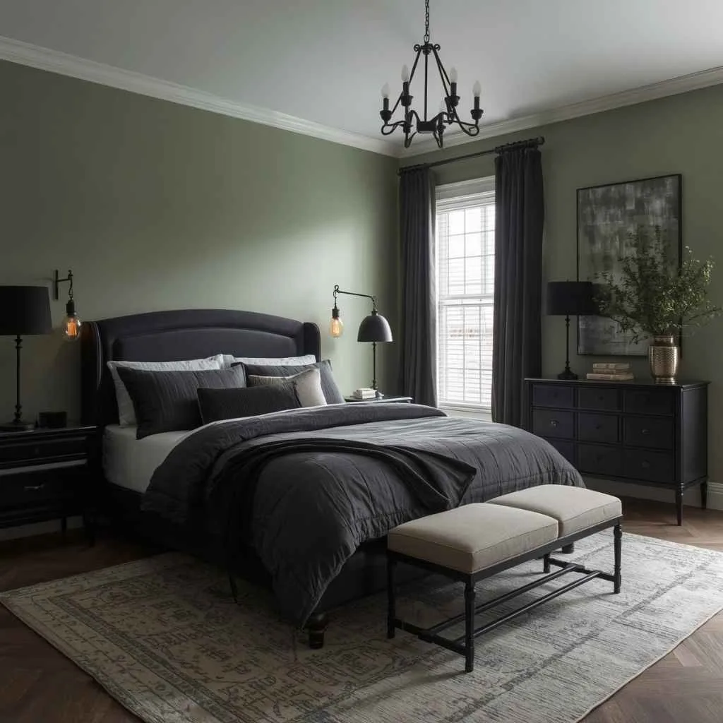  Moody Sage Green Bedroom With Dark Furniture