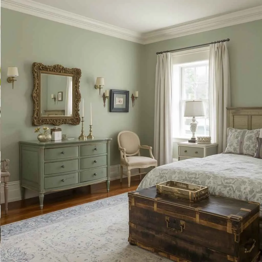 Sage Green Bedroom With Vintage and Antique Touches