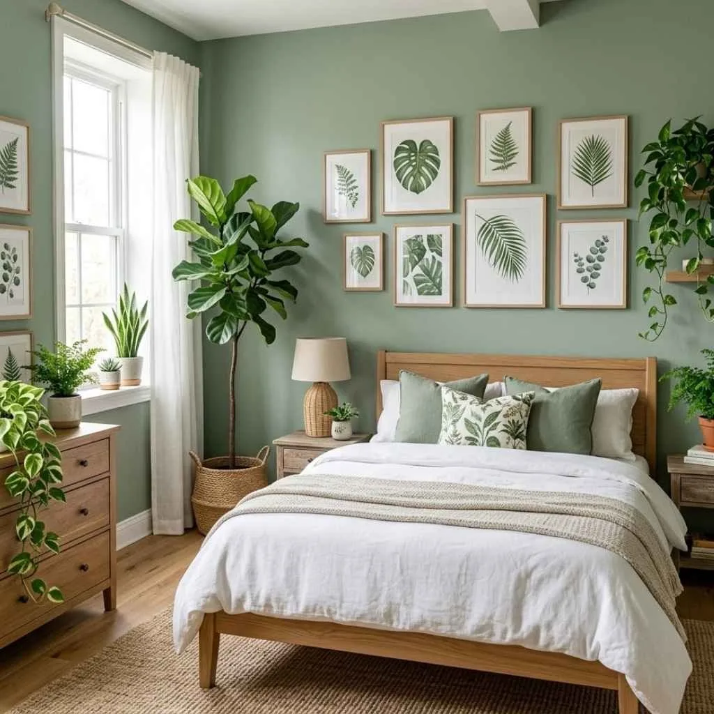 Sage Green Bedroom With Botanical Prints and Indoor Plants