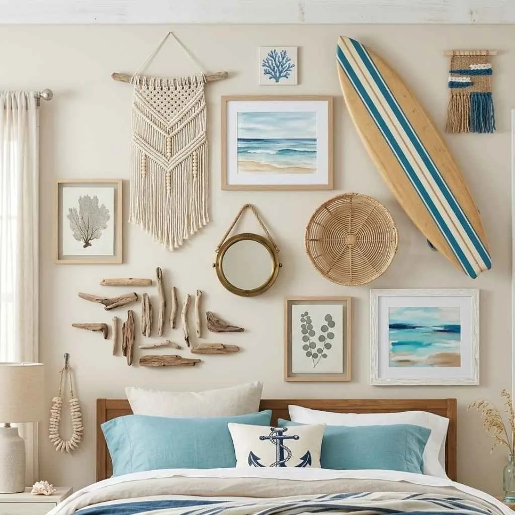 Coastal Themed Gallery Wall With Mixed Textures