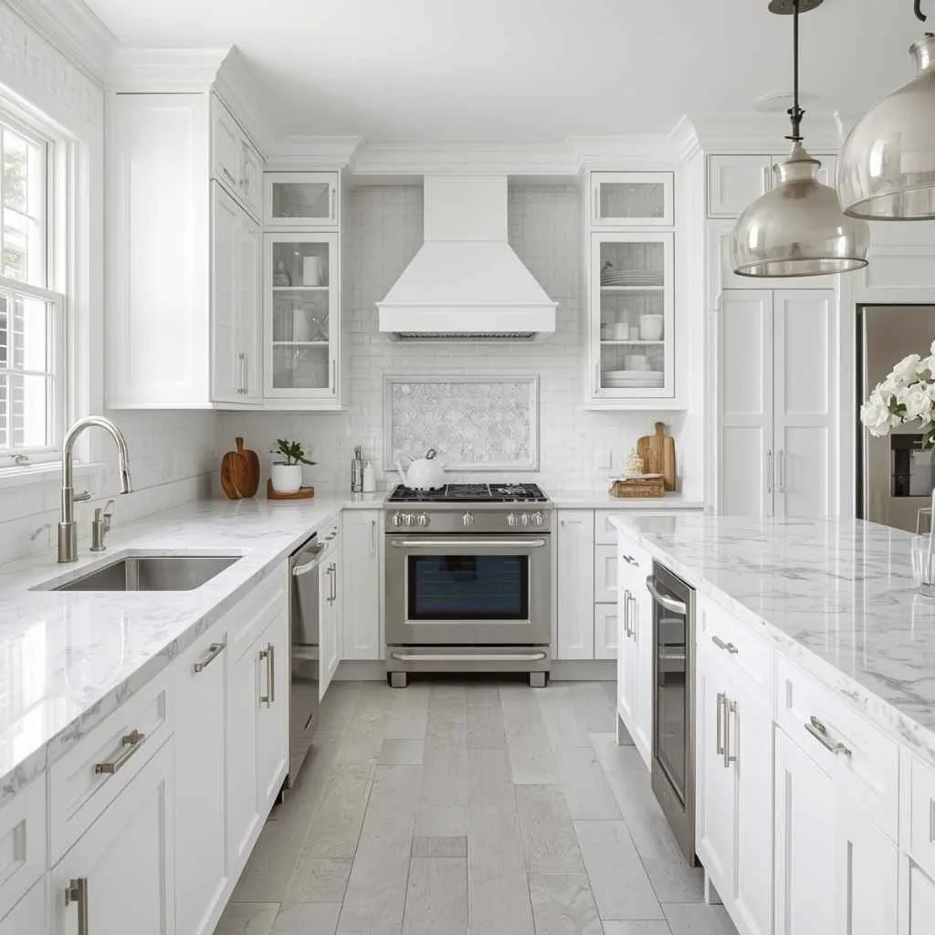  All-White Kitchen with White Granite Countertops