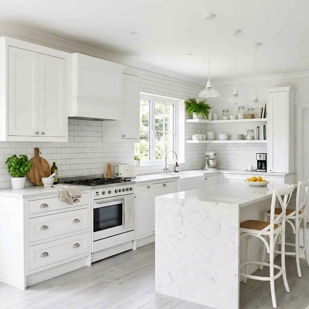 White Granite with Open Shelving and Natural Wood Accents
