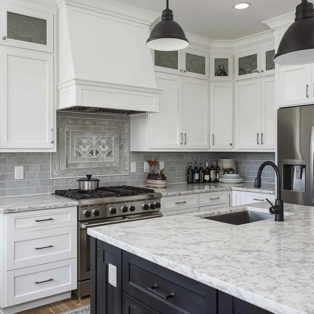  White Granite with Bold Black Hardware and Fixtures
