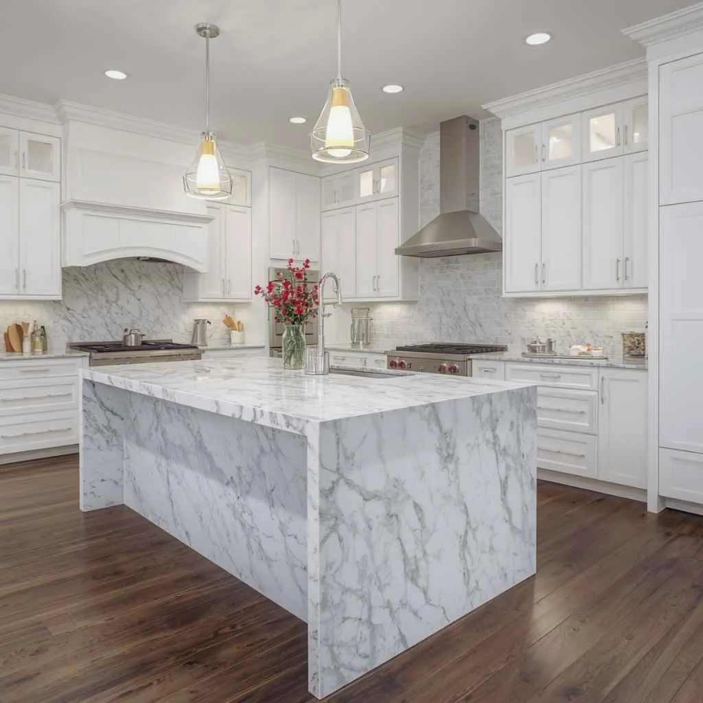 White Granite Waterfall Island Countertop