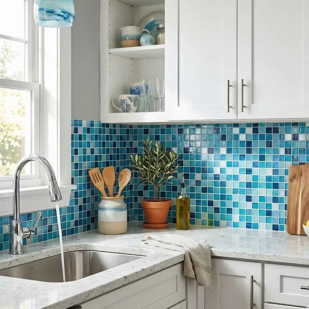 White Granite with a Blue Mosaic Tile Backsplash