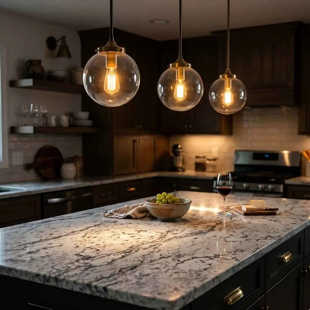 White Granite Under Pendant Lighting for Dramatic Effect
