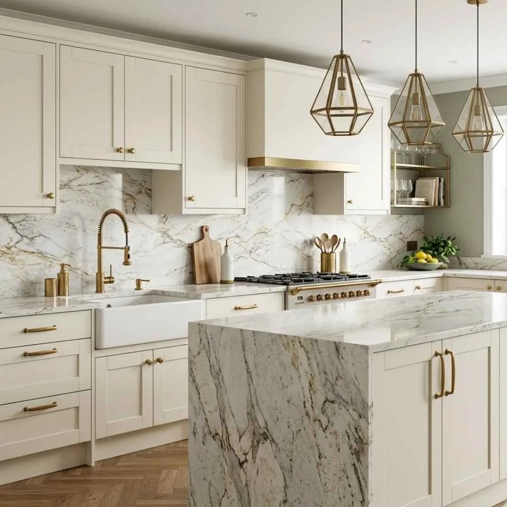 White Granite Under Pendant Lighting for Dramatic Effect