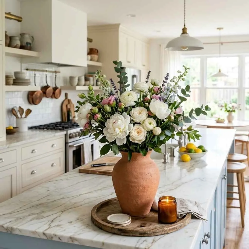 Kitchen Island Decor Ideas: 12 Creative Ways to Style the Heart of Your Home 8 Display Fresh Flowers or a Single Statement Vase