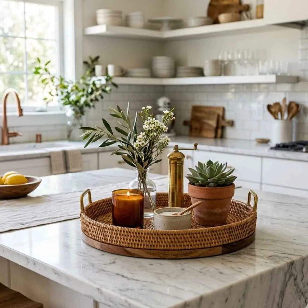 Kitchen Island Decor Ideas: 12 Creative Ways to Style the Heart of Your Home 7 Add a Decorative Tray to Organize and Elevate Your Styling