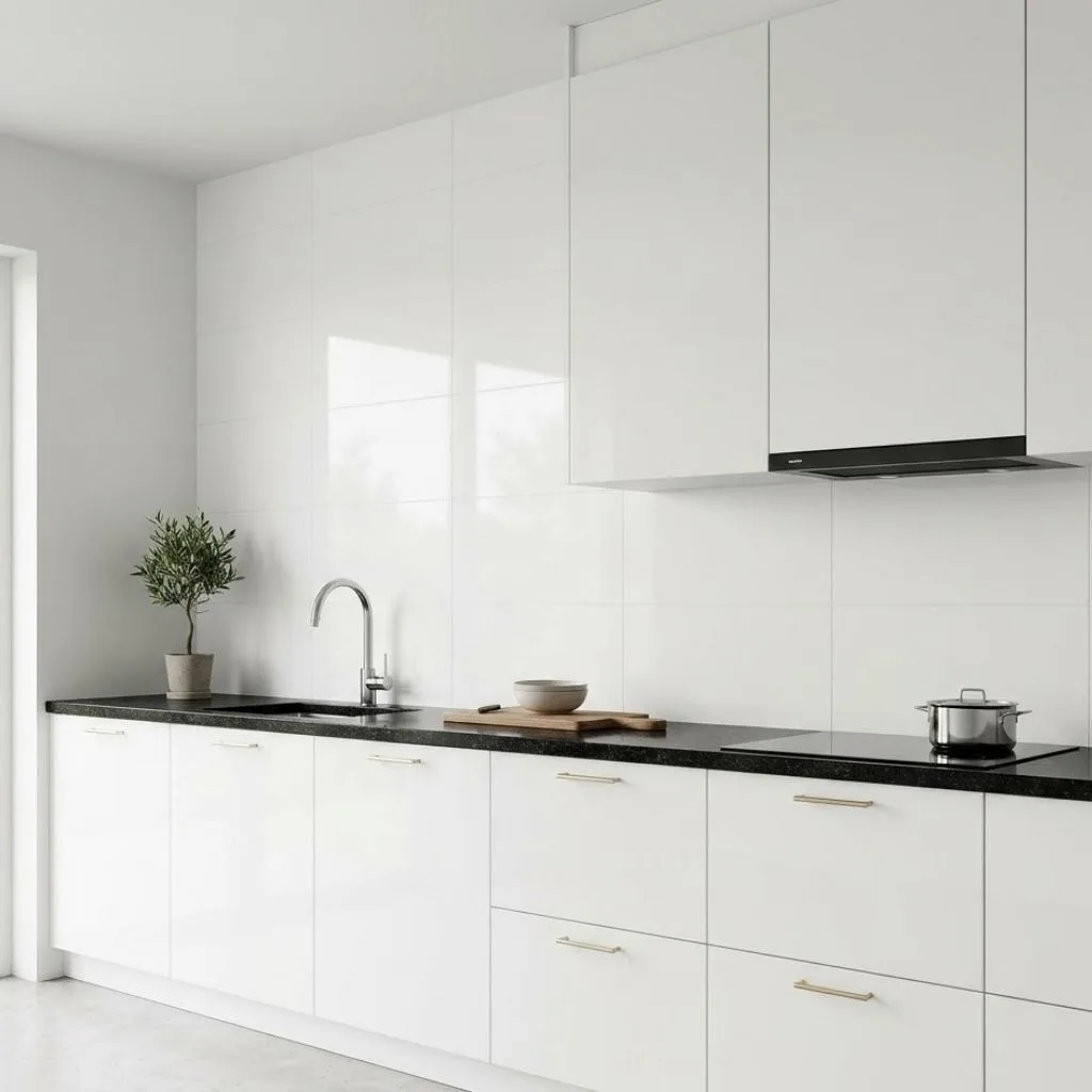 Kitchen Backsplash Ideas for White Cabinets: 12 Creative Ways to Transform Your Space 10 Glossy White Long Format Tiles with Invisible Grout