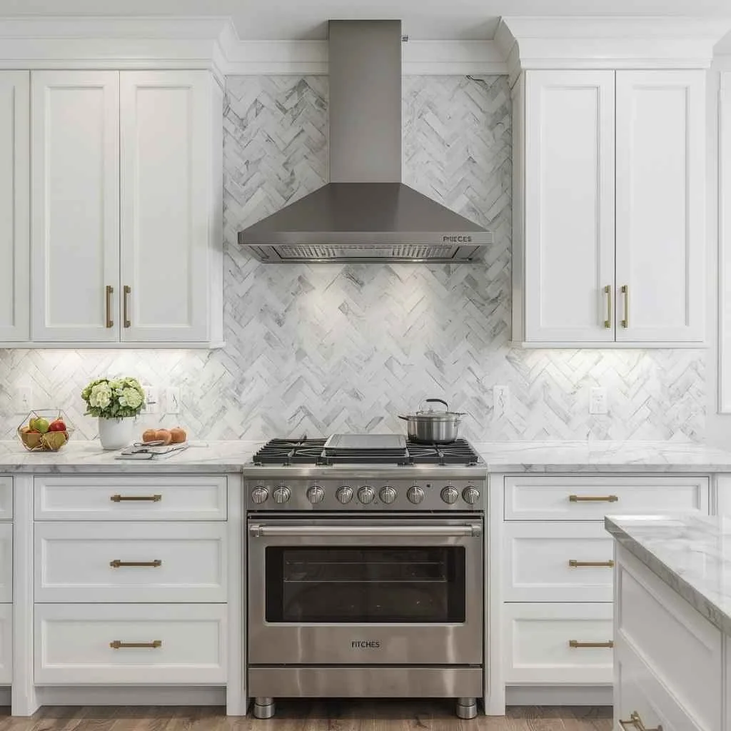 Kitchen Backsplash Ideas for White Cabinets: 12 Creative Ways to Transform Your Space 8 Herringbone Marble or Marble-Look Tile