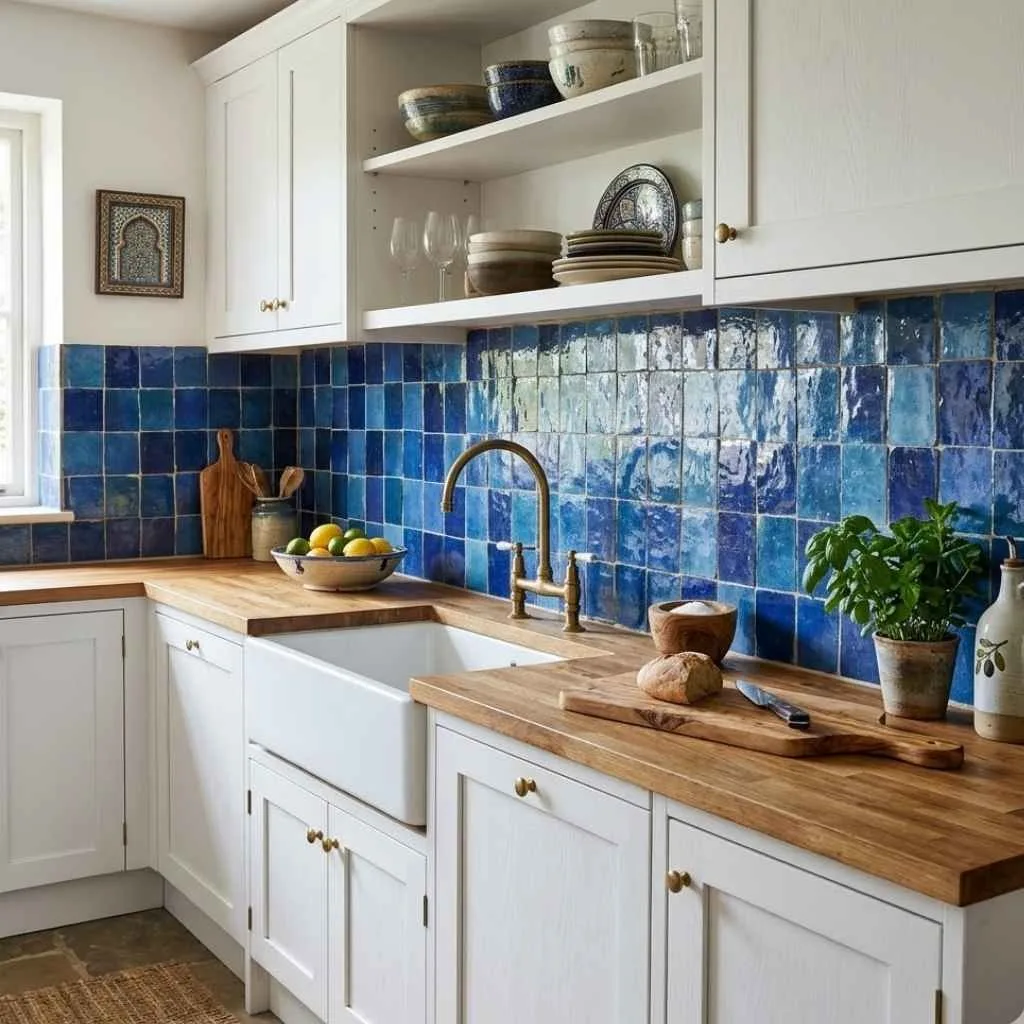 Kitchen Backsplash Ideas for White Cabinets: 12 Creative Ways to Transform Your Space 4 Blue Zellige or Handmade Tiles