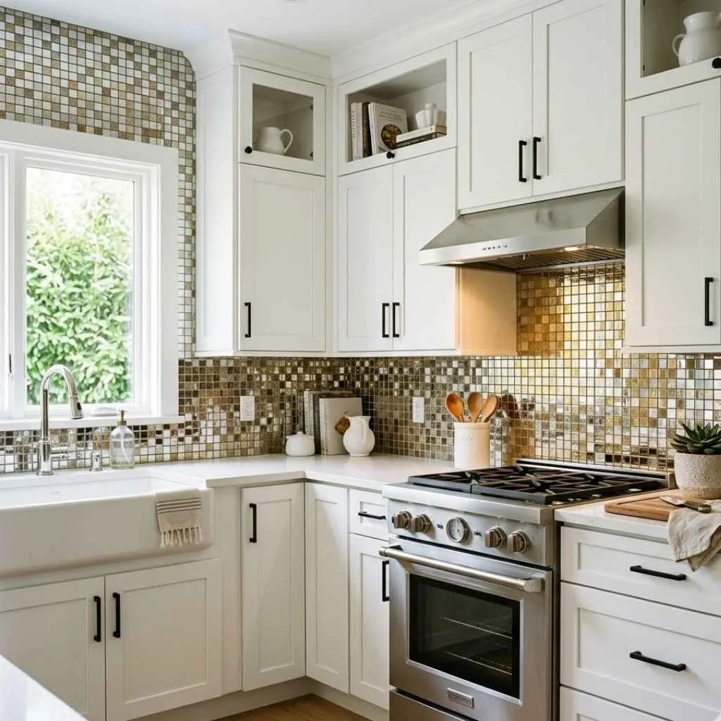 Kitchen Backsplash Ideas for White Cabinets: 12 Creative Ways to Transform Your Space 5 Metallic or Mirrored Mosaic Tiles