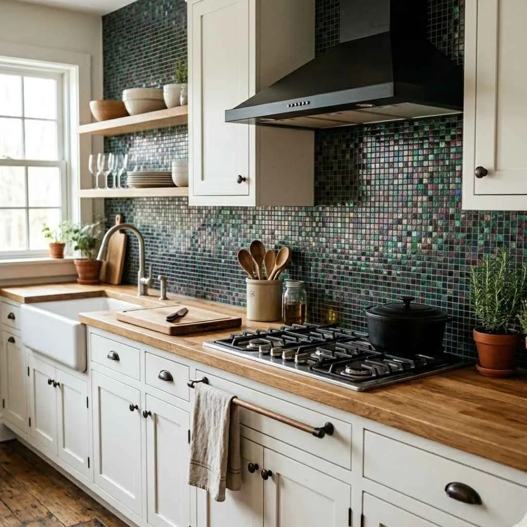 Kitchen Backsplash Ideas for White Cabinets: 12 Creative Ways to Transform Your Space 13 Jewel-Toned Glass Mosaic Tiles