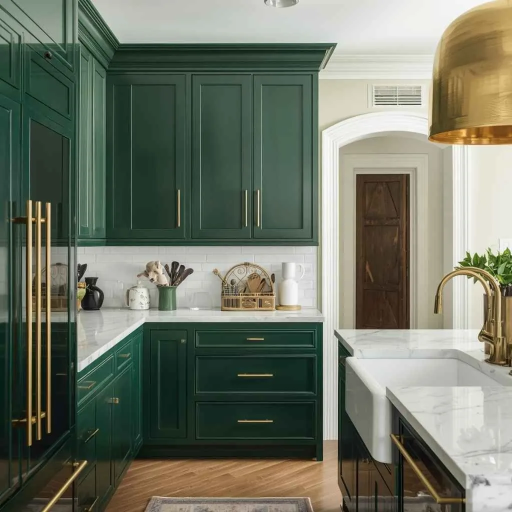  Hunter Green Cabinets with Gold Hardware Accents