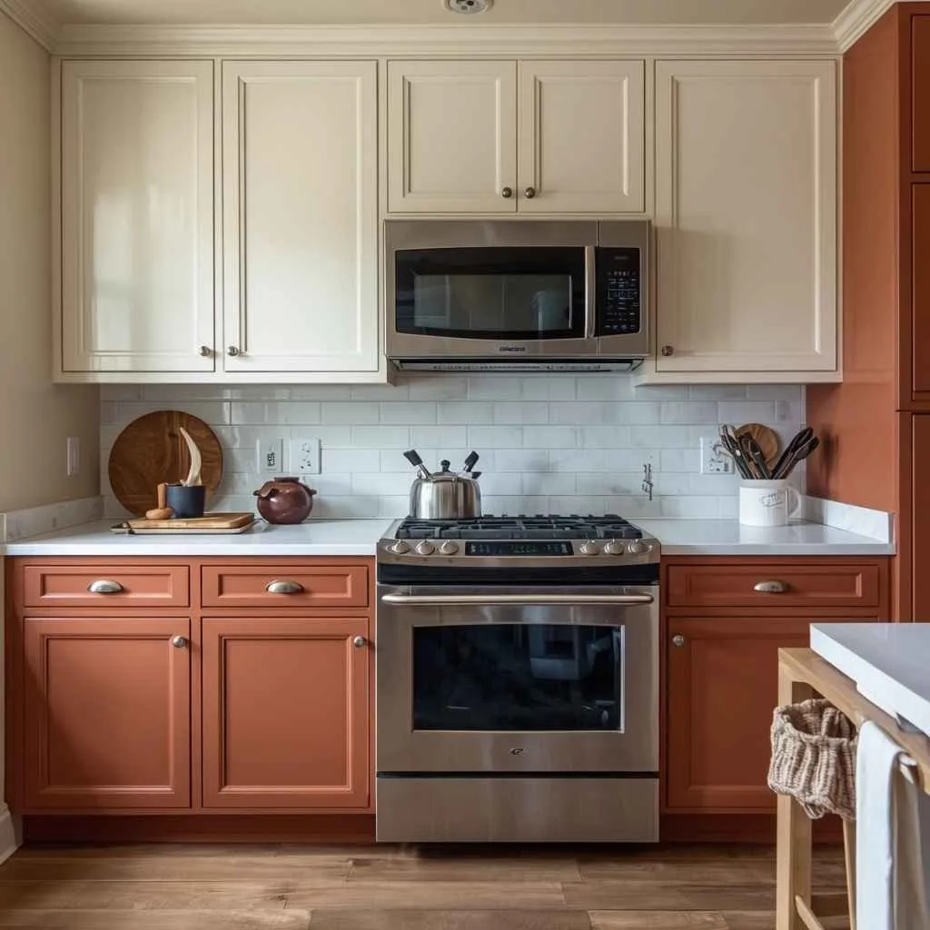 Terracotta Lower Cabinets with Cream Uppers