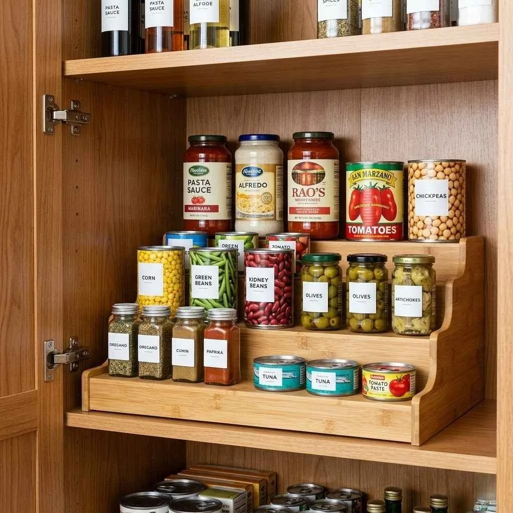 Tiered Shelf Risers to Double Your Cabinet Depth
