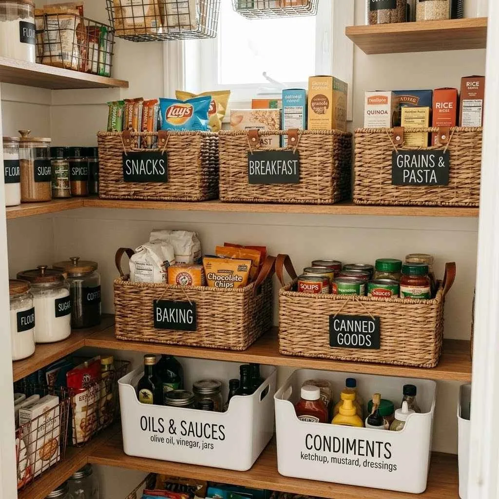  Labeled Baskets and Bins for a Categorized Pantry System