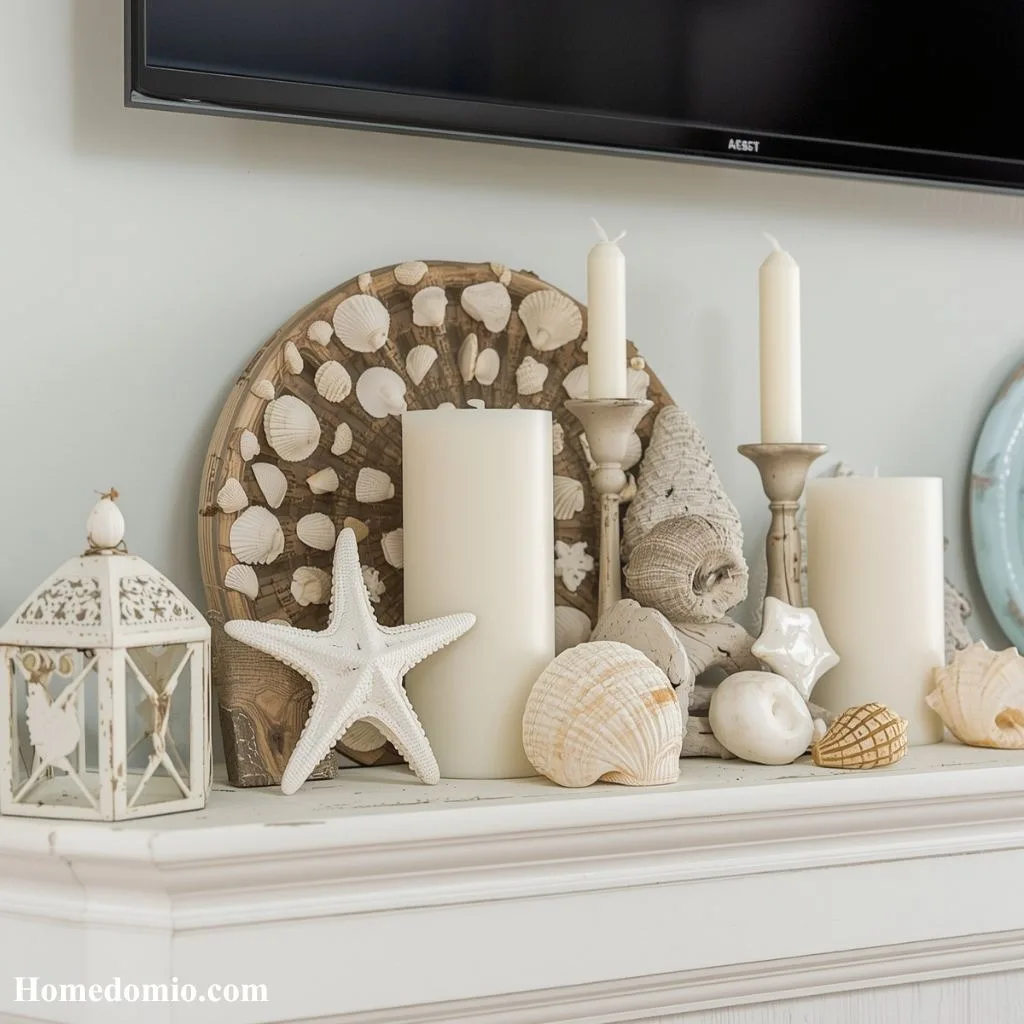 12 Summer Mantel Decor Ideas to Brighten Up 3 Coastal Seashell and Driftwood Vignette