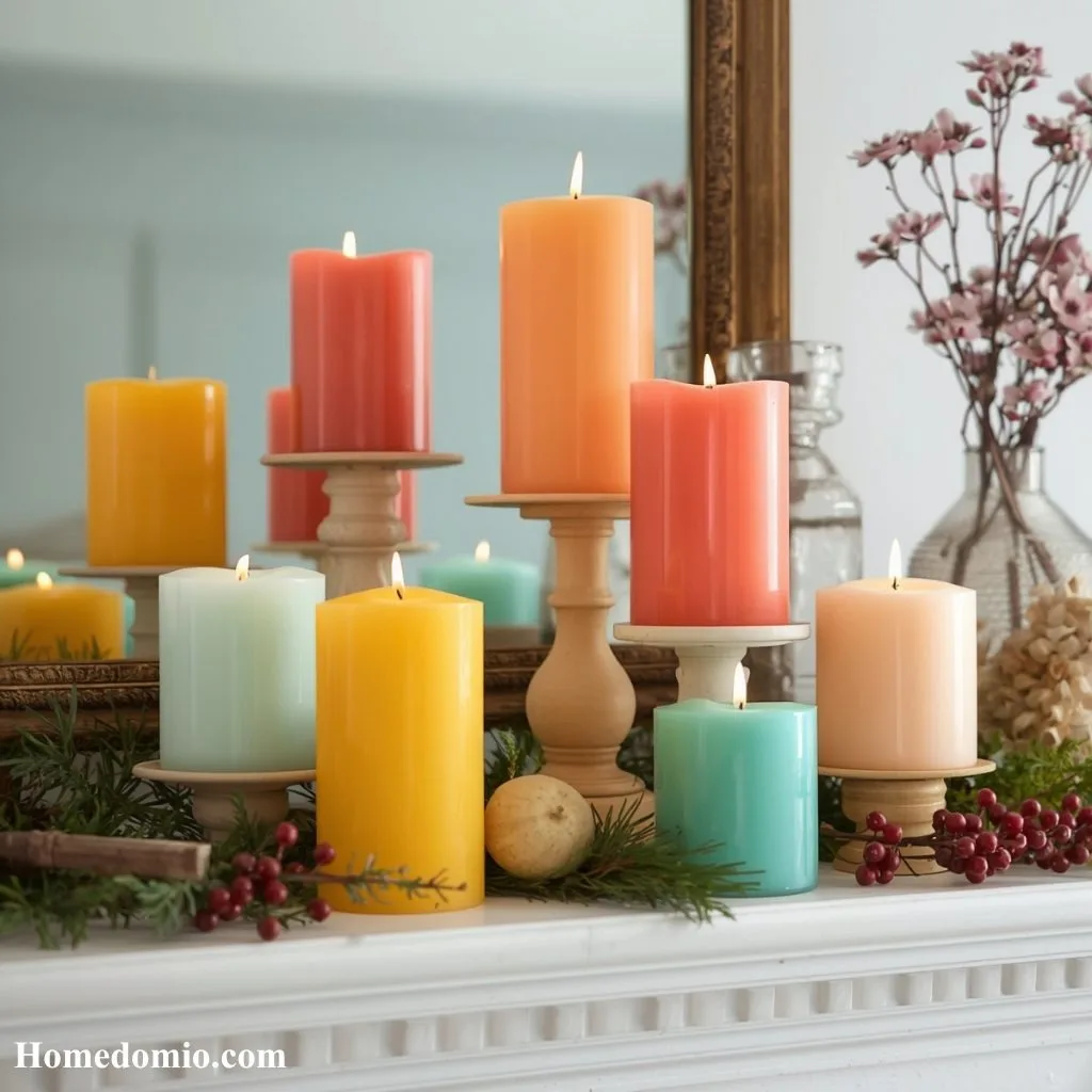 12 Summer Mantel Decor Ideas to Brighten Up 5 Colorful Pillar Candle Grouping