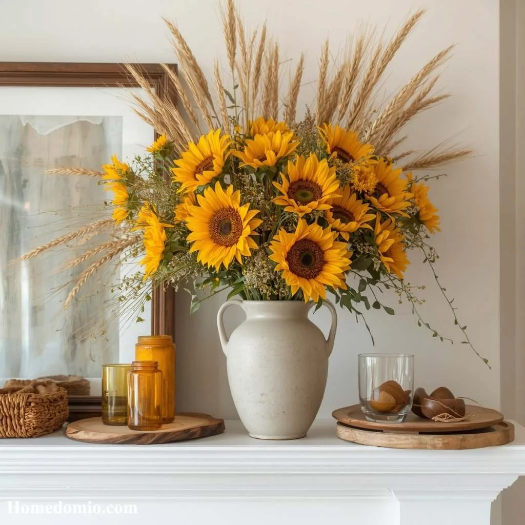 12 Summer Mantel Decor Ideas to Brighten Up 11 Sunflower and Wheat Stem Arrangement