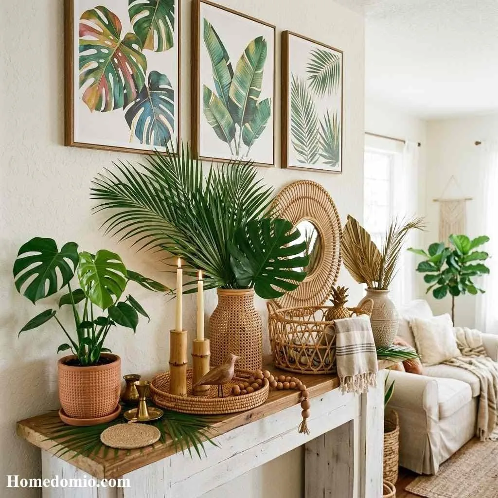 12 Summer Mantel Decor Ideas to Brighten Up 10 Tropical Leaf and Rattan Accents