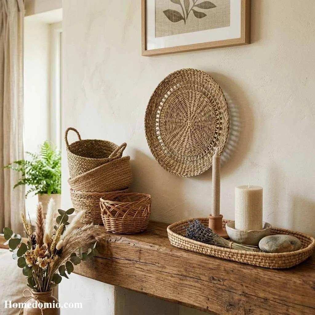 12 Summer Mantel Decor Ideas to Brighten Up 12 Woven Basket and Texture Display