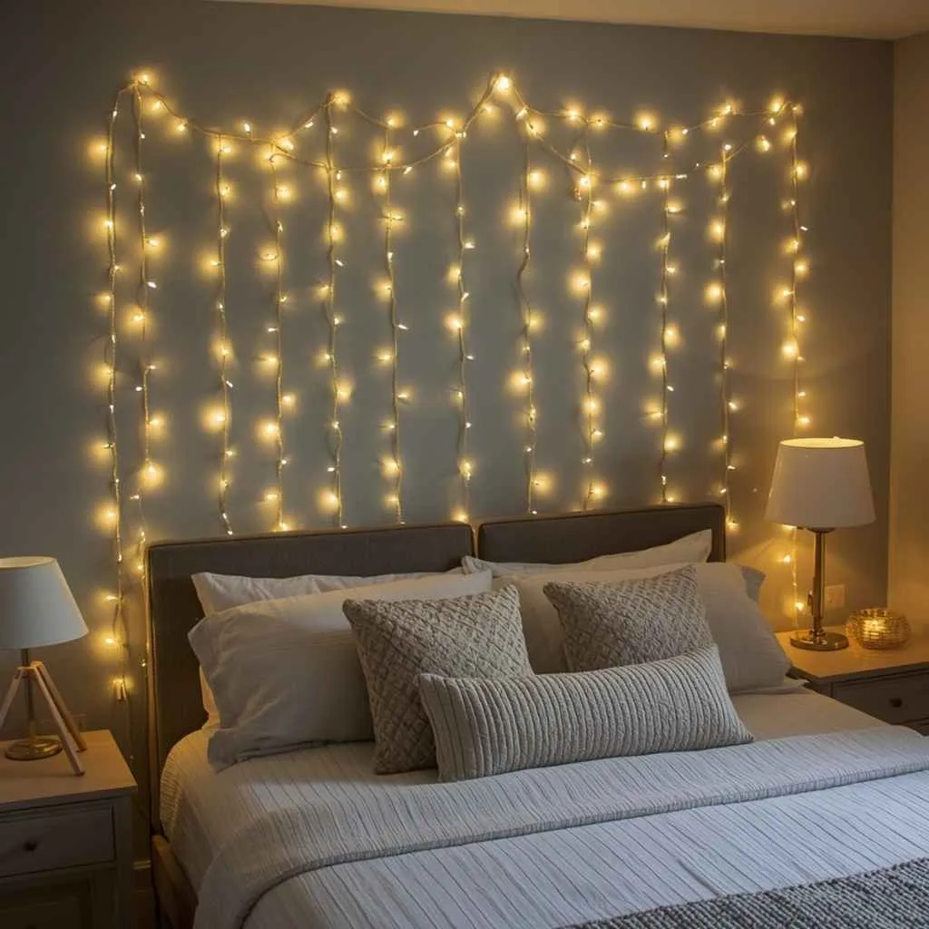 Above Bed Wall Decor Ideas to Transform Your Bedroom 7 String Lights or Fairy Light Curtain