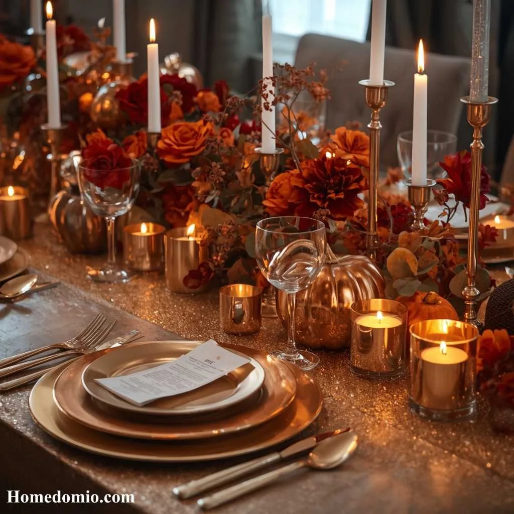 12+ Autumn Tablescape Ideas for a Stunning Seasonal Table 15 Glam Gold and Copper Metallic Tablescape