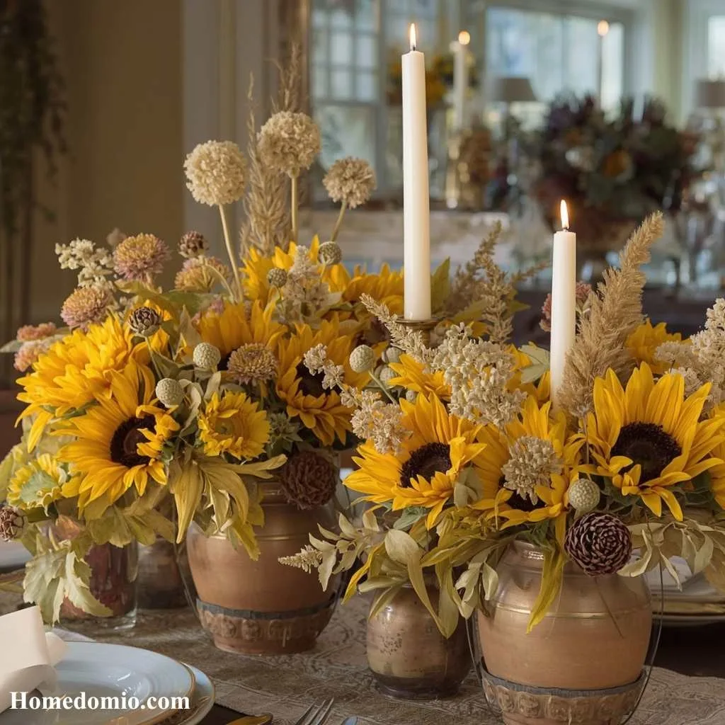 12+ Autumn Tablescape Ideas for a Stunning Seasonal Table 13 Sunflower and Dried Botanical Display