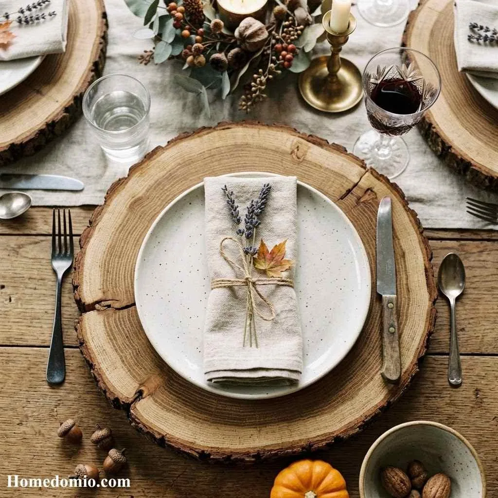 12+ Autumn Tablescape Ideas for a Stunning Seasonal Table 11 Rustic Wooden Slice Charger Plates