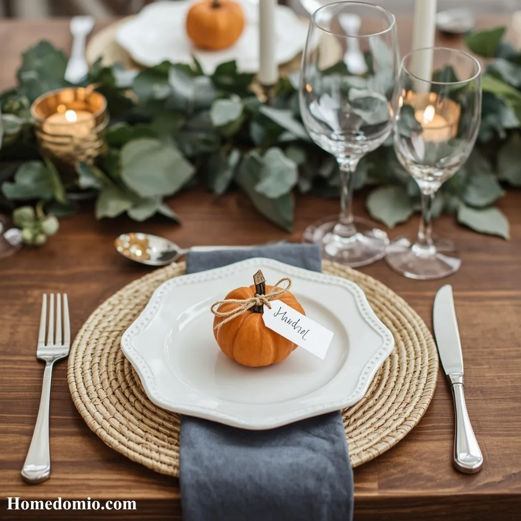 12+ Autumn Tablescape Ideas for a Stunning Seasonal Table 7 Mini Pumpkin Place Setting Markers