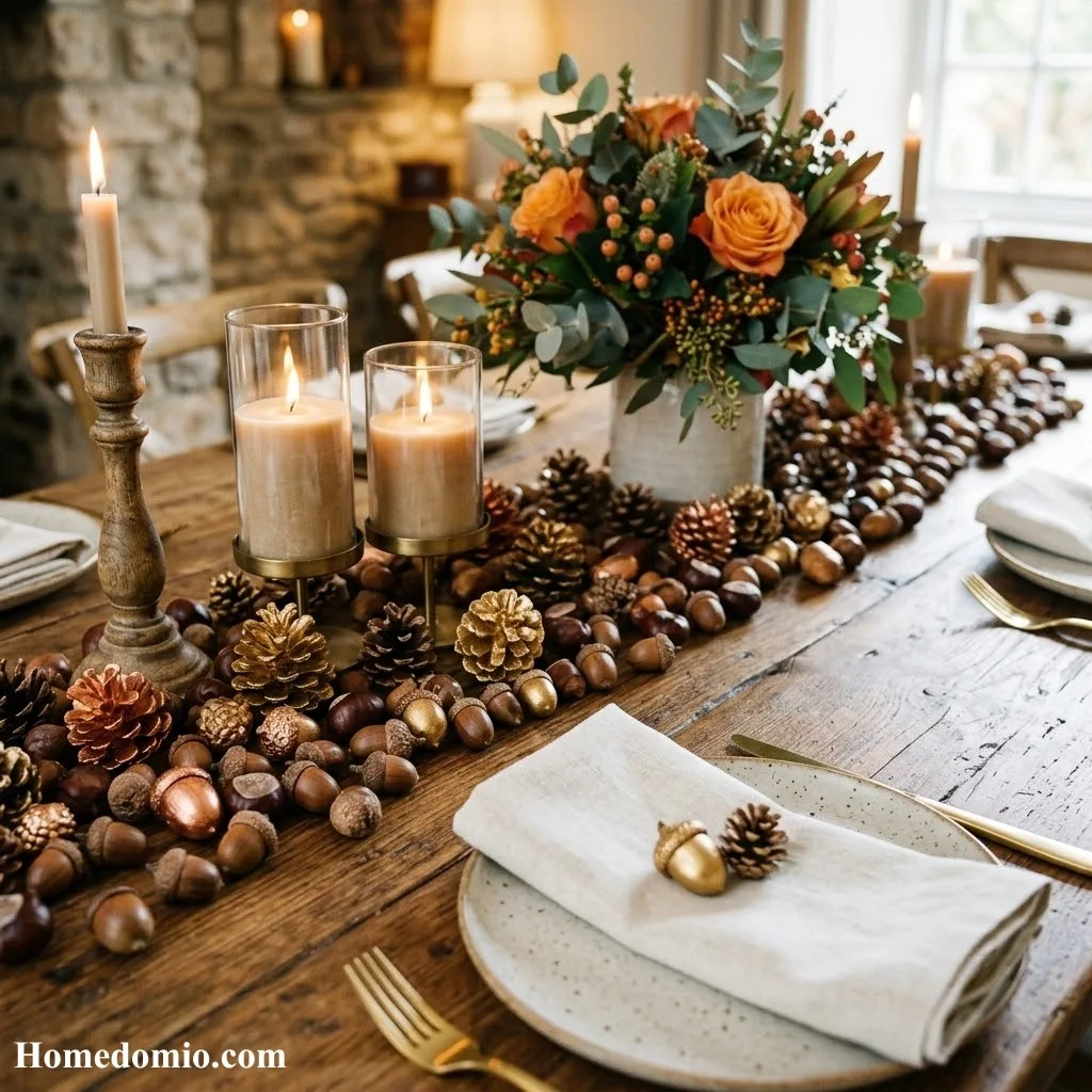 12+ Autumn Tablescape Ideas for a Stunning Seasonal Table 9 Acorn and Pinecone Scatter Decor