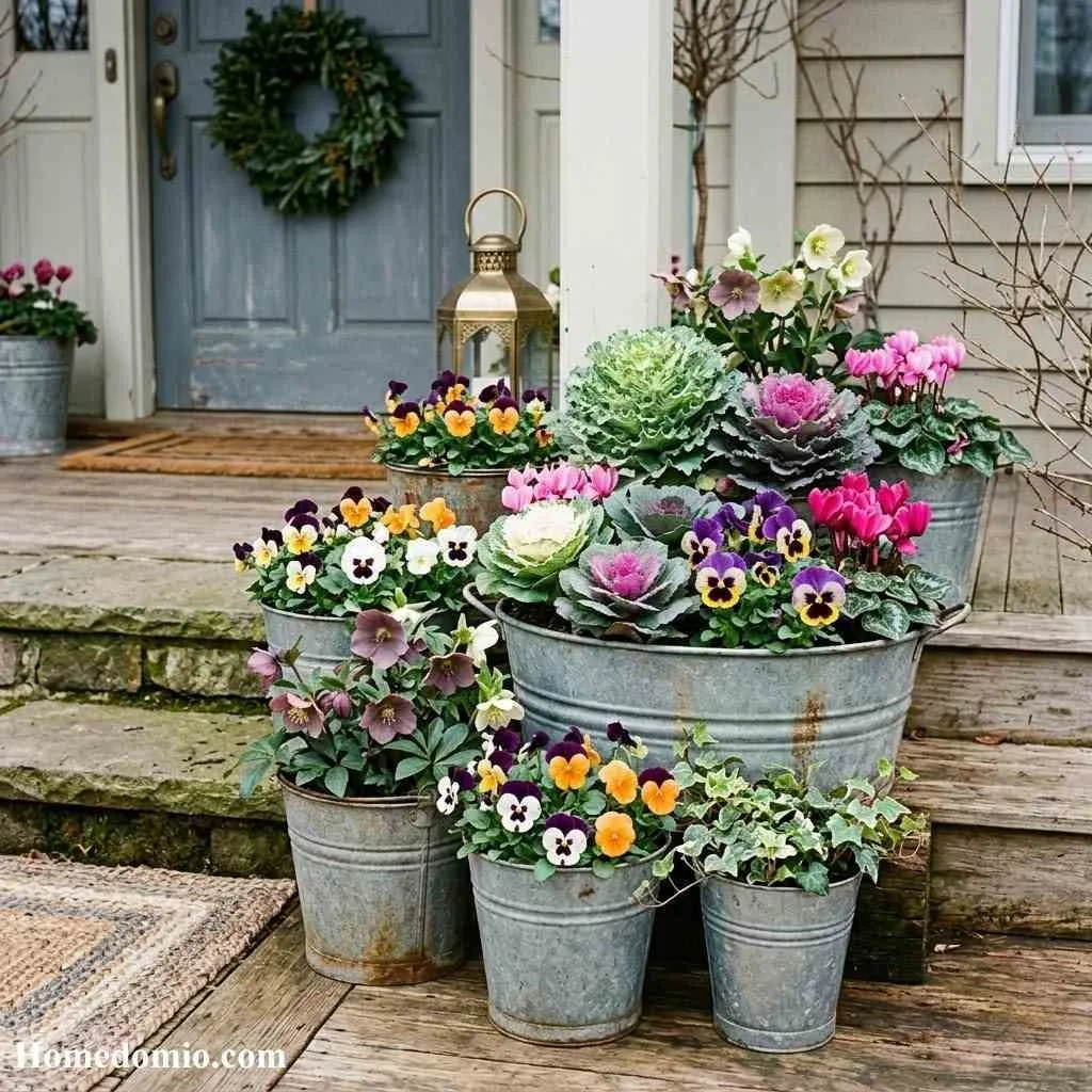 Galvanized Planters with Cold Hardy Blooms