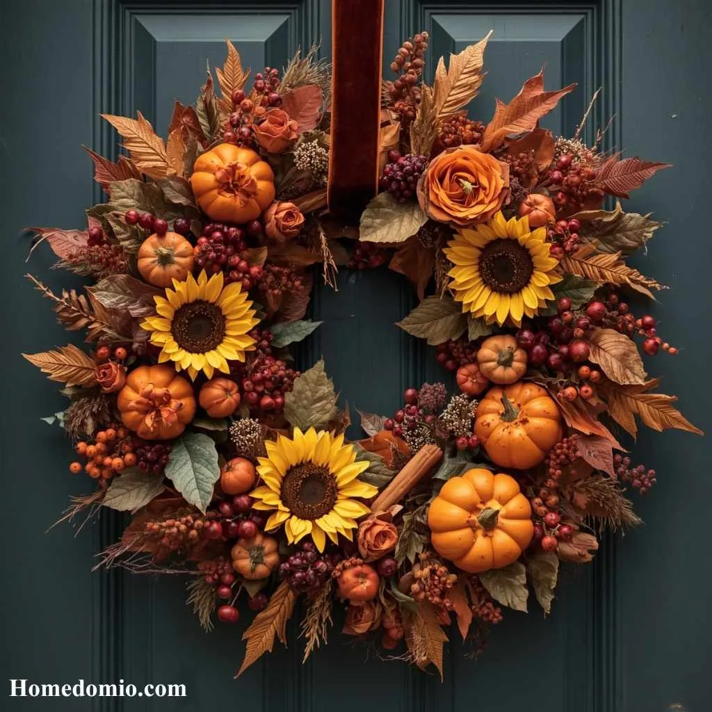  Front Door Wreath with Autumn Blooms