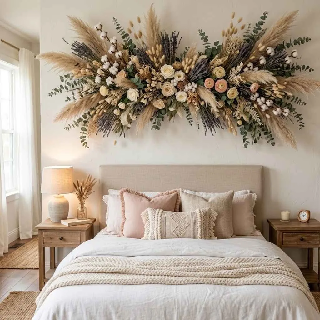 Above Bed Wall Decor Ideas to Transform Your Bedroom 11 Dried or Faux Floral Wall Installation