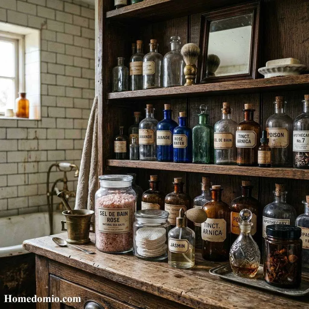 12+ Moody Vintage Bathroom Ideas for a Bold Retreat 12 Antique Apothecary Bottles and Vintage Accessories