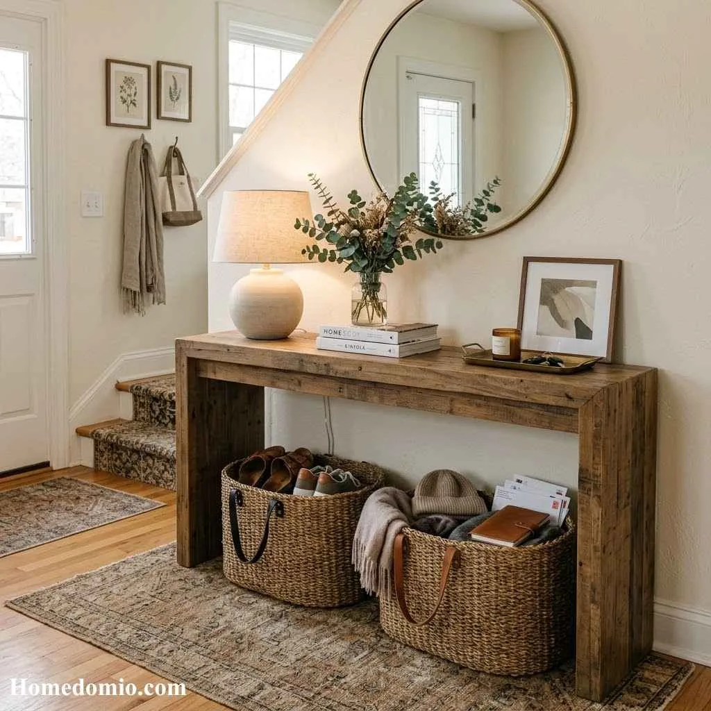 Console Table with Woven Baskets Underneath