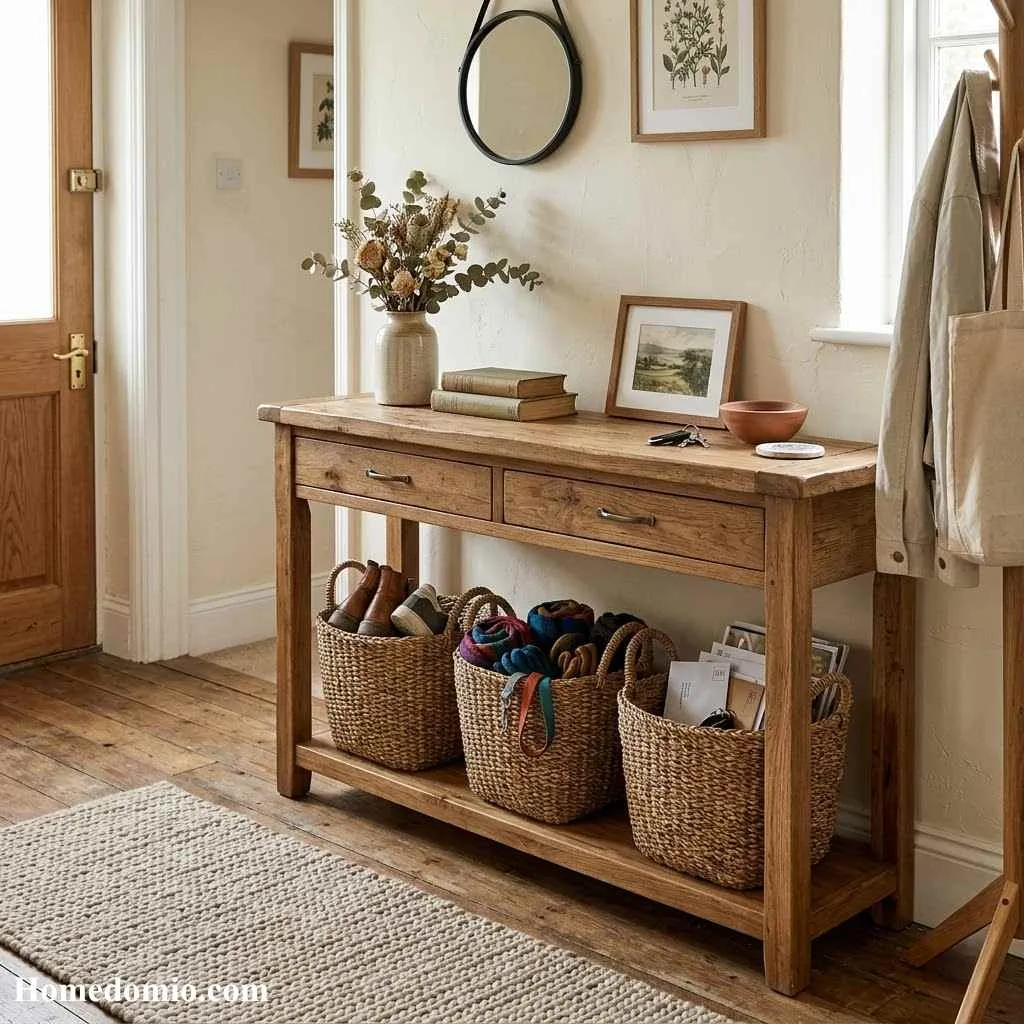 Console With Woven Basket Storage