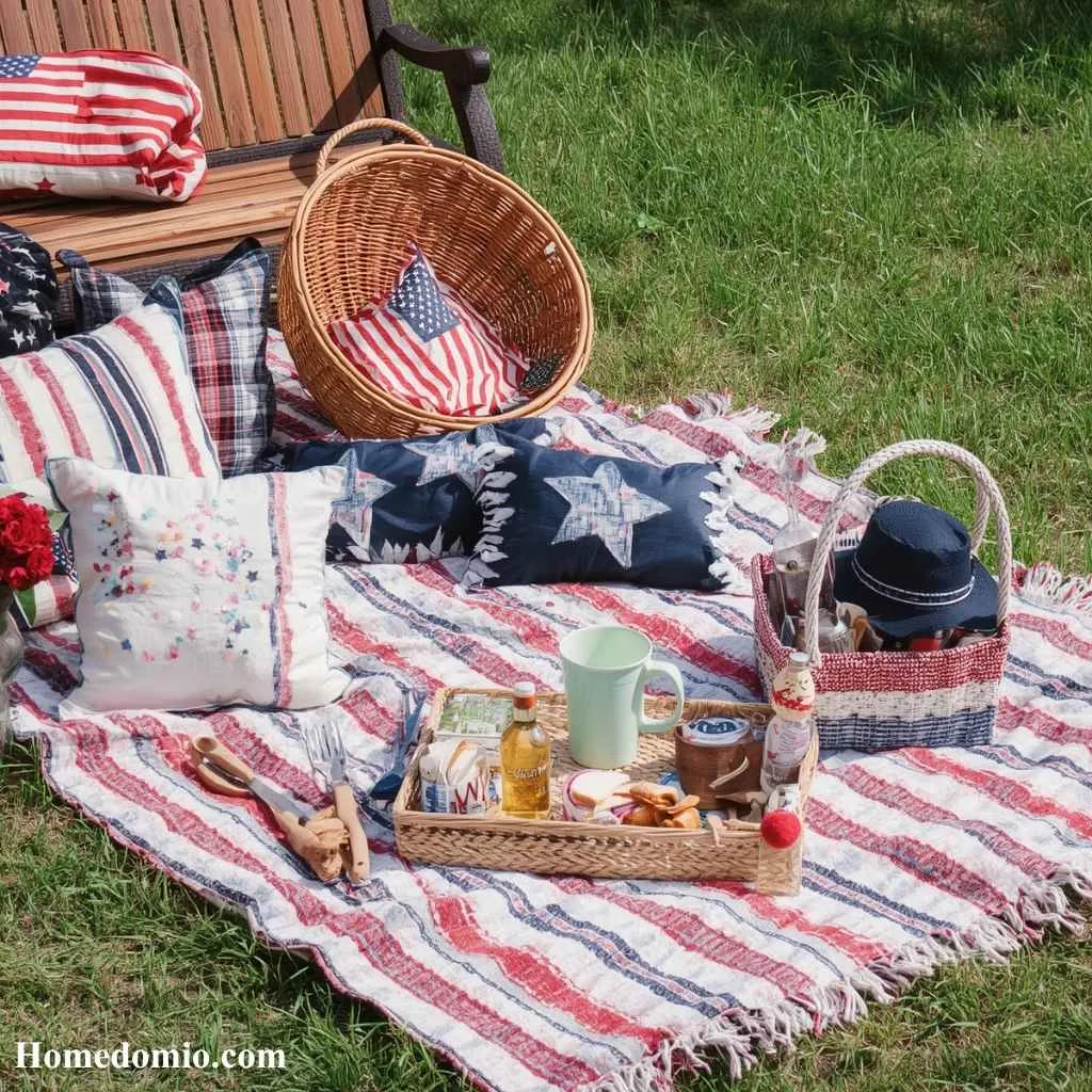 4th of July Home Decoration Ideas to Make Your Space Shine with Patriotic Pride 12 Festive Picnic Blanket and Outdoor Pillow Setup
