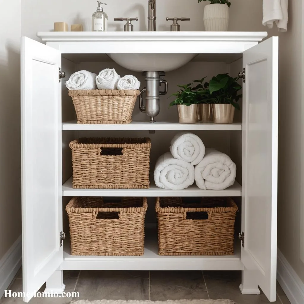  Open Shelf Vanity with Basket Storage
