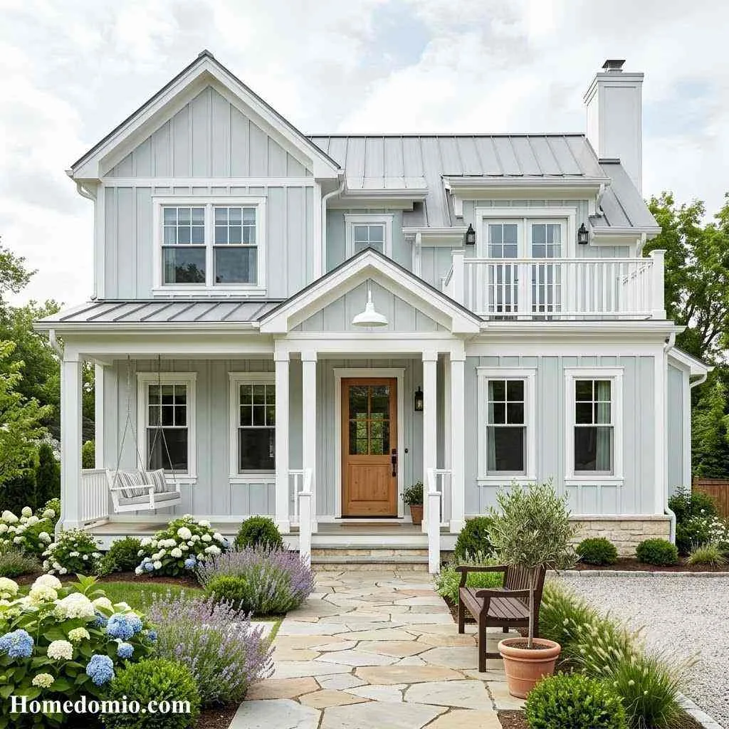 Exterior House Color Ideas to Transform Your Home's Curb Appeal 14 Pale Gray Blue with White Farmhouse Trim
