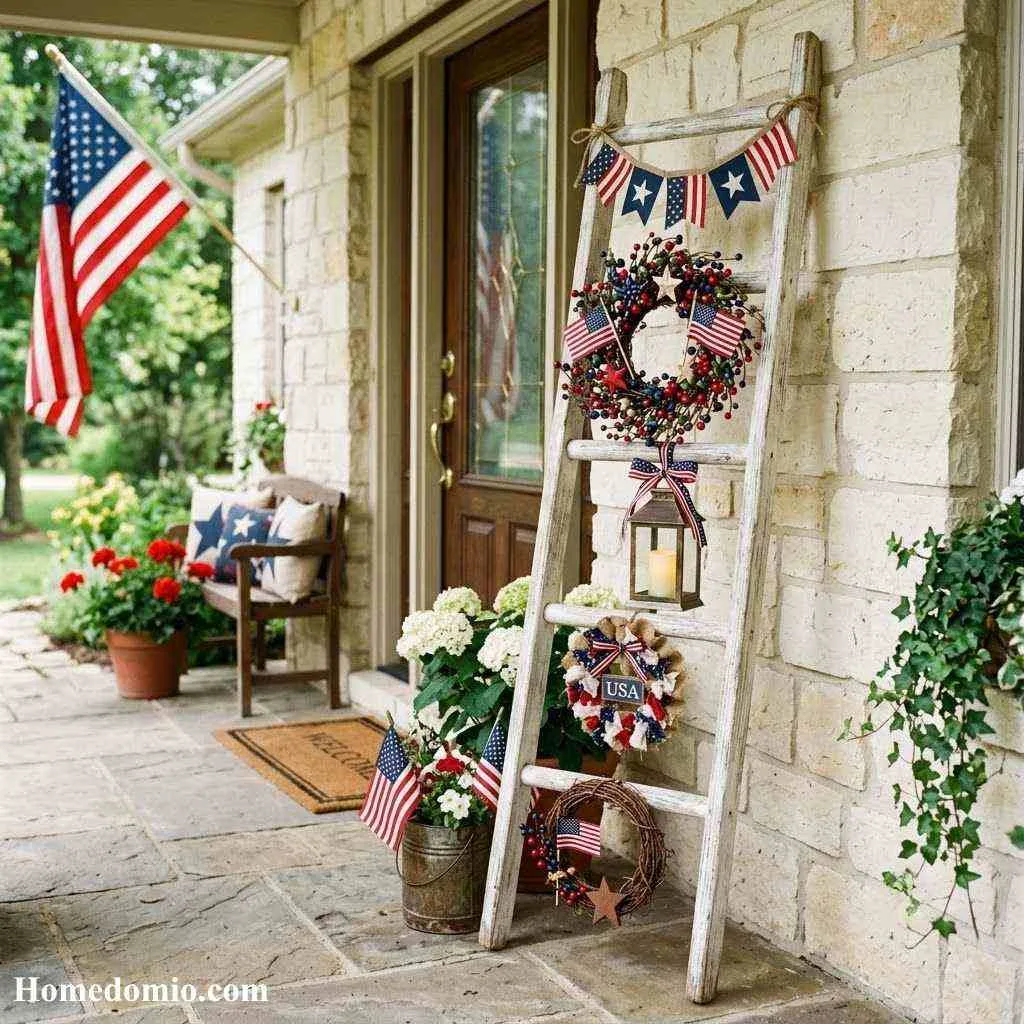 4th of July Porch Ideas to Make Your Home the Star of the Street 10 Patriotic Wreath on a Ladder Display