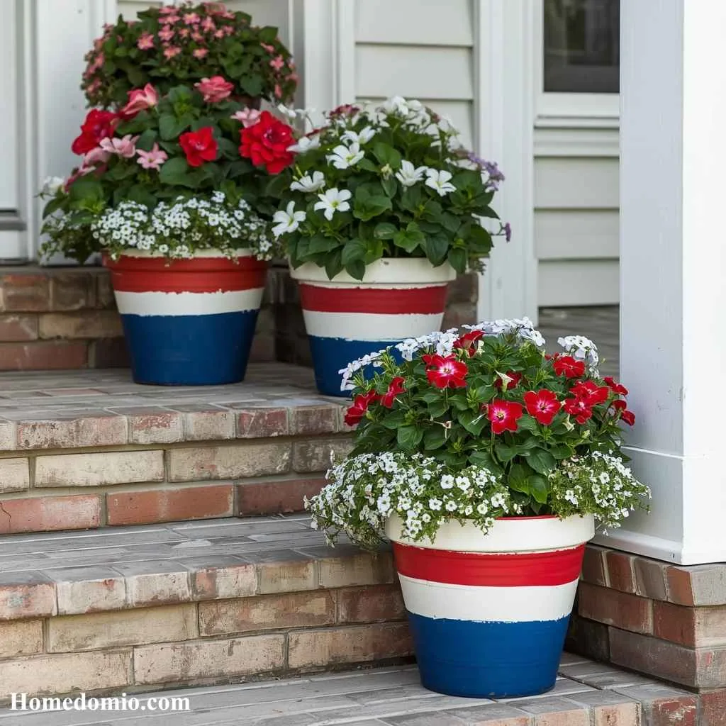 4th of July Home Decoration Ideas to Make Your Space Shine with Patriotic Pride 7 Potted Plants Dressed in Red White and Blue